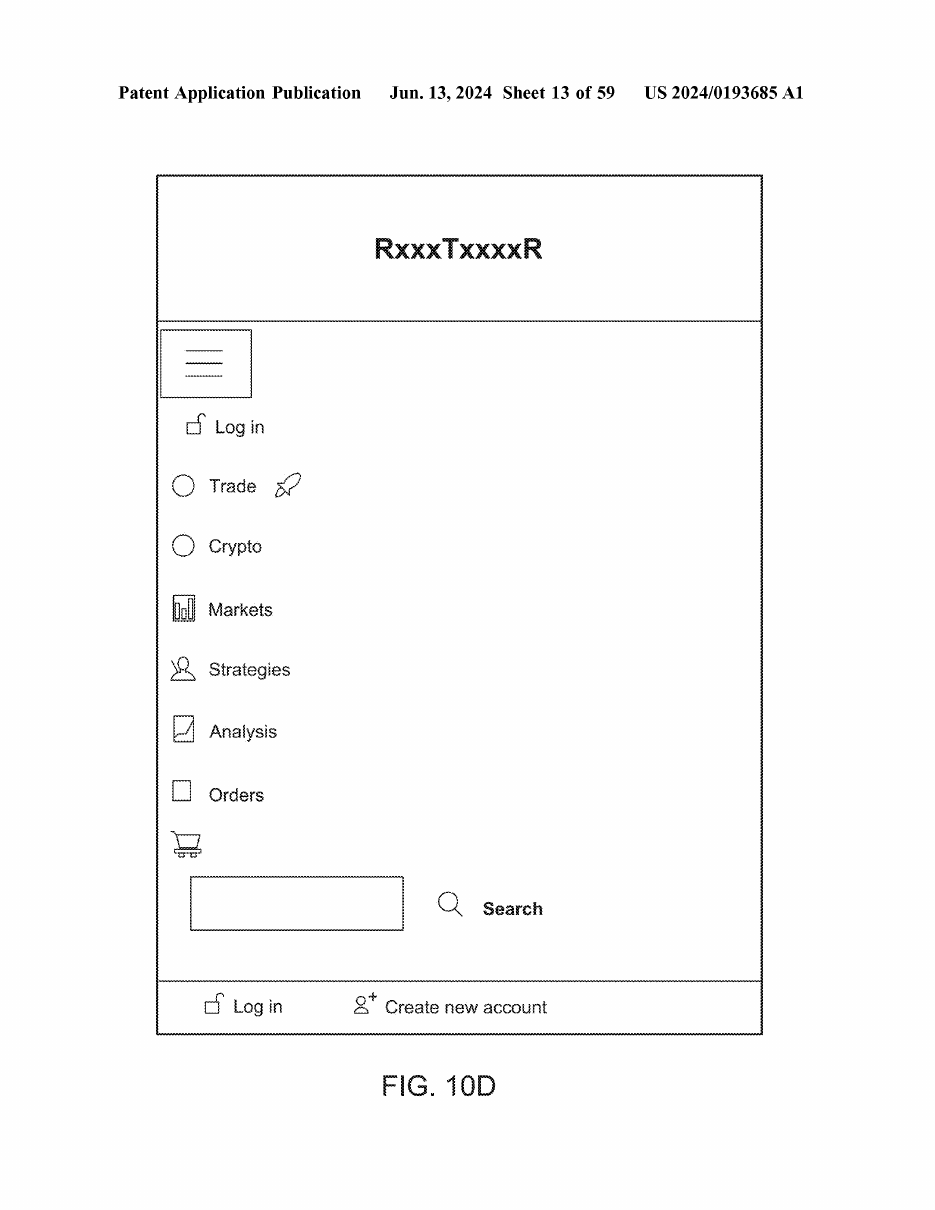 Application FIG. 10D — platform interface wireframe: trade, markets, strategies, analysis, orders